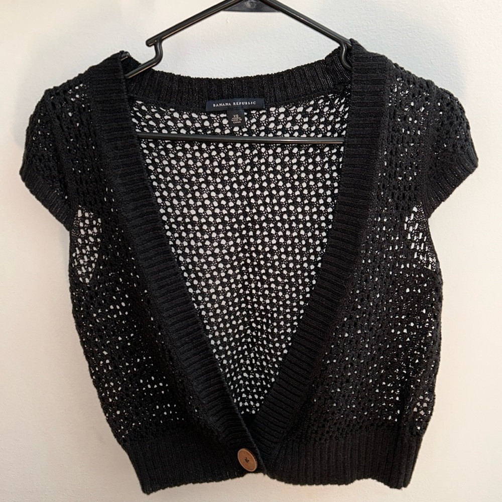 BANANA REPUBLIC Vintage Black Summer Cotton Linen Knit Crochet Cardigan Size XS